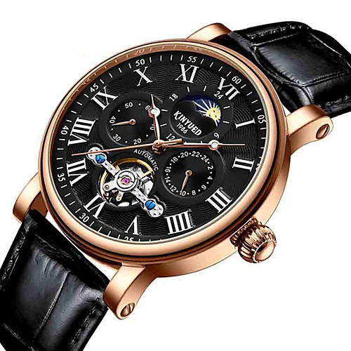 

Men's Mechanical Watch Automatic self-winding Stylish Genuine Leather 30 m Three Time Zones Noctilucent Moon Phase Analog Casual - Black Brown One Year Battery Life