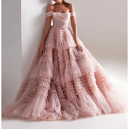 

Ball Gown Wedding Dresses Off Shoulder Sweep / Brush Train Tulle Short Sleeve Formal Wedding Dress in Color with Ruched Cascading Ruffles 2020