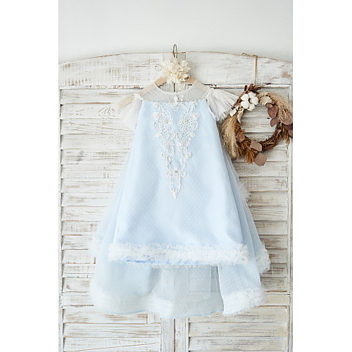 

A-Line Knee Length Wedding / Birthday Flower Girl Dresses - Tulle Cap Sleeve Jewel Neck with Pearls / Appliques