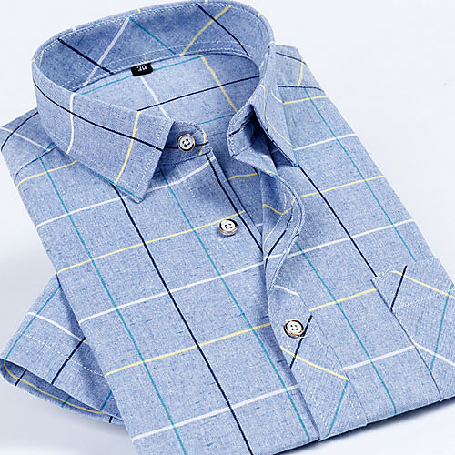 

Men's Plaid Print Shirt - Cotton Daily Button Down Collar Blue / Short Sleeve