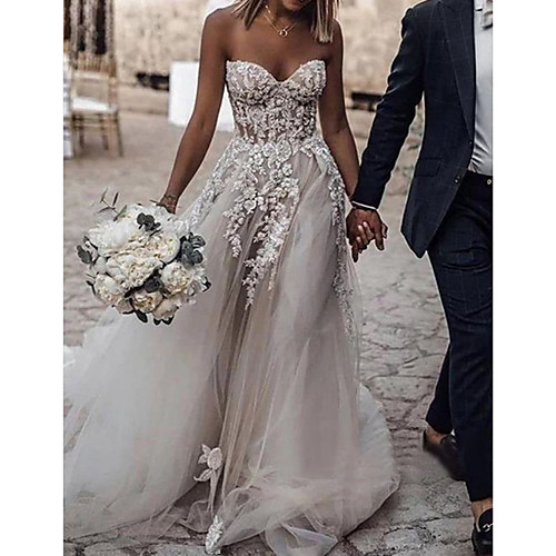 

A-Line Wedding Dresses Strapless Sweep / Brush Train Lace Tulle Sleeveless Sexy with Embroidery Appliques 2021