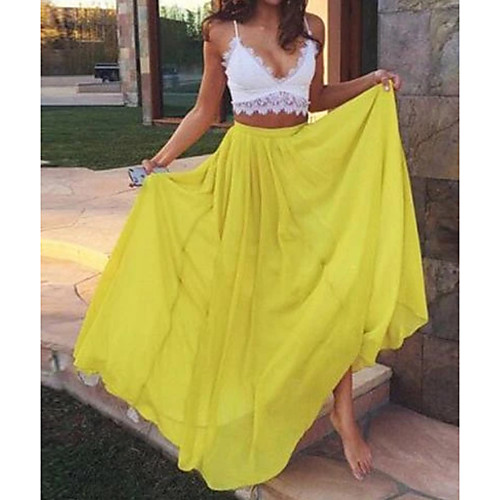 

Two Piece Color Block Yellow Holiday Prom Dress Spaghetti Strap Sleeveless Floor Length Chiffon with Pleats 2020