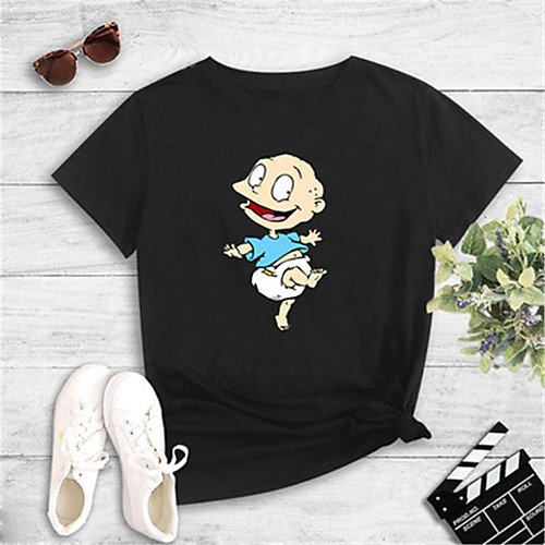 

Women's Cartoon Print Loose T-shirt Basic Daily Going out White / Black / Yellow / Blushing Pink / Gray