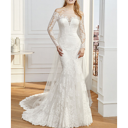 

Mermaid / Trumpet Wedding Dresses Off Shoulder Sweep / Brush Train Lace Tulle Long Sleeve Vintage Sexy Wedding Dress in Color See-Through Backless with Embroidery Appliques 2020