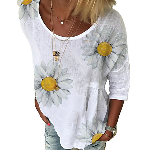 

Women's T shirt Floral Flower Round Neck Tops Basic Top White Black Blue