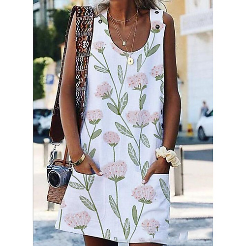 

Women's Shift Dress - Sleeveless Floral Summer Elegant Loose 2020 White S M L XL XXL XXXL