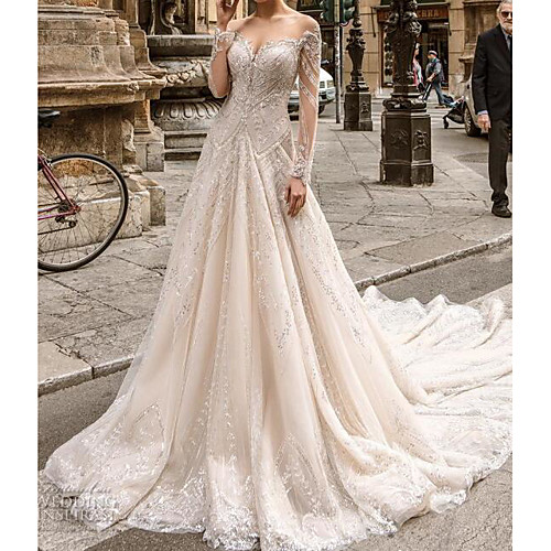 

A-Line Wedding Dresses Jewel Neck Sweep / Brush Train Lace Tulle Long Sleeve Formal Sexy See-Through with Embroidery 2020