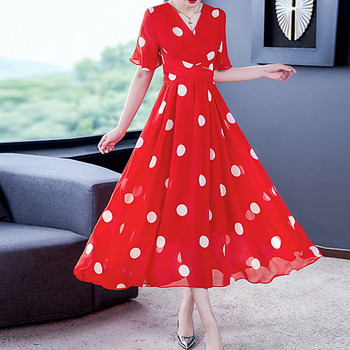 

Women's A-Line Dress Midi Dress - Short Sleeves Polka Dot Summer V Neck Street chic 2020 White Black Red M L XL XXL XXXL XXXXL