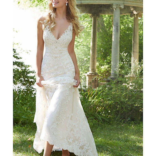 

A-Line Wedding Dresses V Neck Watteau Train Lace Sleeveless Sexy Backless with Embroidery 2020