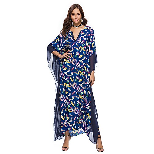 

Women's A-Line Dress Maxi long Dress - 3/4 Length Sleeve Floral Summer V Neck Elegant 2020 Black Blue Red Green Navy Blue One-Size