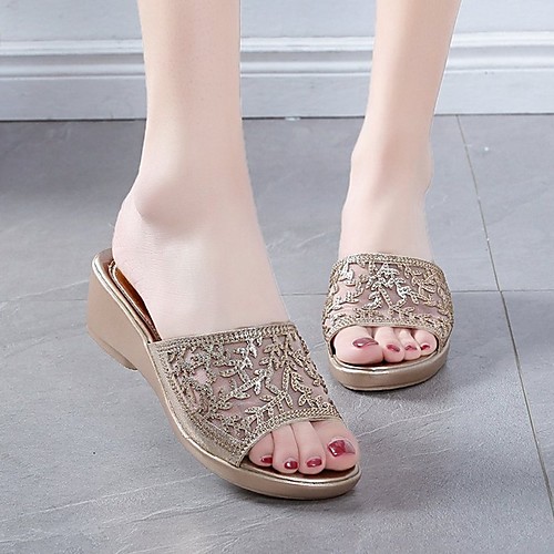 

Women's Slippers & Flip-Flops Summer Wedge Heel Open Toe Daily PU Black / Gold