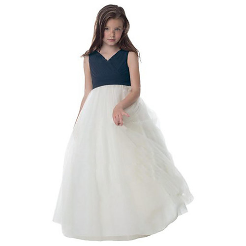 

A-Line Floor Length Party / Wedding Flower Girl Dresses - Chiffon / Tulle Sleeveless V Neck with Ruching