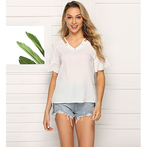 

Women's Solid Colored T-shirt Daily V Neck White / Red / Yellow / Blushing Pink