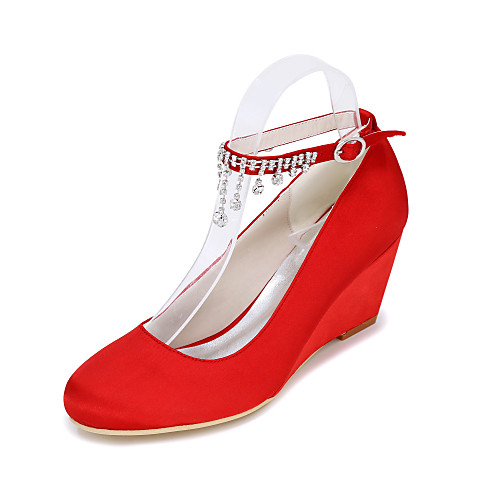 

Women's Wedding Shoes 2020 Spring / Summer Wedge Heel Round Toe Sweet Minimalism Wedding Party & Evening Rhinestone Solid Colored Satin White / Black / Purple