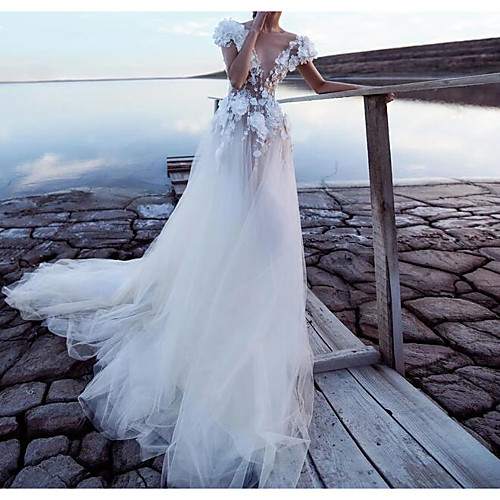 

A-Line Wedding Dresses Plunging Neck Court Train Lace Tulle Cap Sleeve Beach Sexy See-Through Backless with Appliques 2021