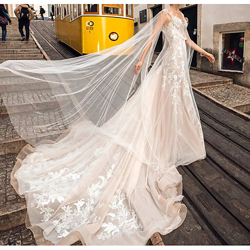 

A-Line Wedding Dresses Jewel Neck Chapel Train Lace Tulle Sleeveless Sexy See-Through Cape with Embroidery 2020