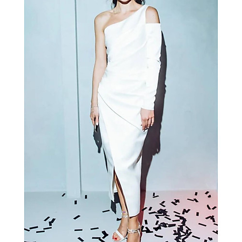 

Sheath / Column Elegant White Party Wear Prom Dress One Shoulder Long Sleeve Ankle Length Satin with Ruched Split 2020