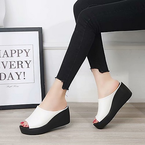 

Women's Slippers & Flip-Flops Summer Wedge Heel Open Toe Daily PU White / Black