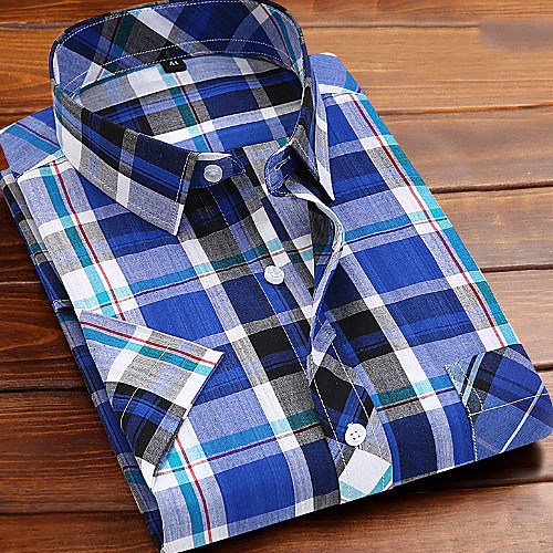 

Men's Plaid Print Shirt - Cotton Daily Button Down Collar Blue / Short Sleeve