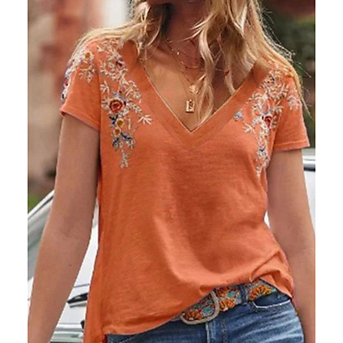 

Women's T shirt Geometric Print V Neck Tops Cotton Basic Top Wine