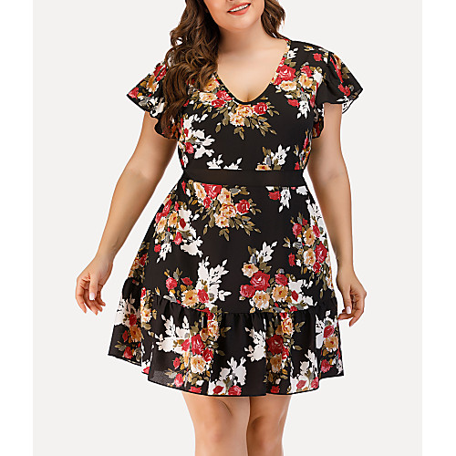 

Women's A Line Dress - Short Sleeves Floral Print Mesh Patchwork Summer Casual Sexy Daily Going out 2020 Black L XL XXL XXXL XXXXL