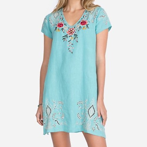 

Women's Shift Dress Knee Length Dress - Short Sleeves Floral Summer Street chic 2020 Blue Red Gray Light Blue S M L XL XXL XXXL