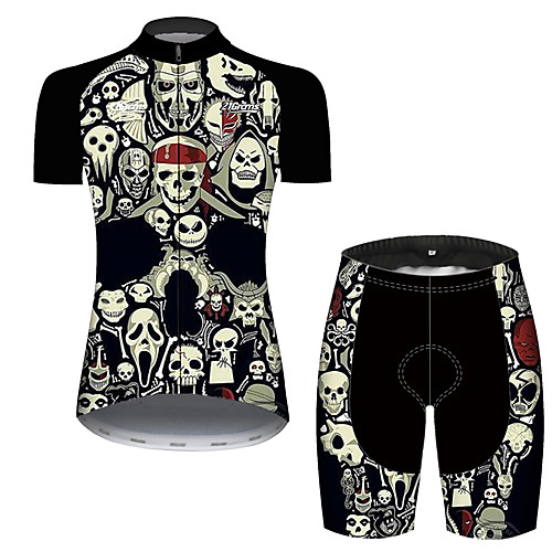 

21Grams Women's Short Sleeve Cycling Jersey with Shorts Black / White Skull Bike Clothing Suit Breathable 3D Pad Quick Dry Ultraviolet Resistant Reflective Strips Sports Patterned Mountain Bike MTB