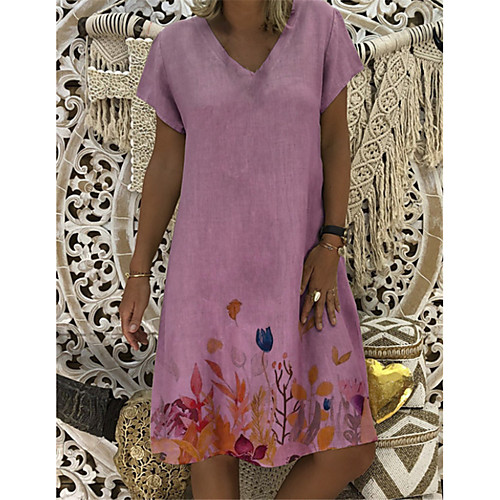 

Women's A-Line Dress Knee Length Dress - Short Sleeves Floral Patchwork Summer V Neck Casual Vintage Daily Belt Not Included Oversized 2020 Blue Blushing Pink Khaki S M L XL XXL XXXL