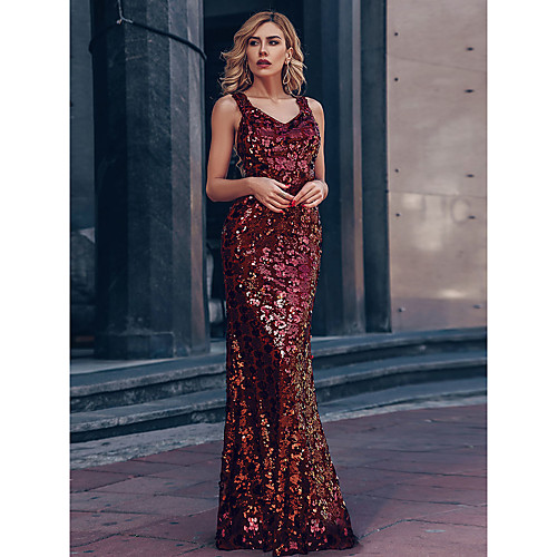 

Mermaid / Trumpet Glittering Beautiful Back Wedding Guest Prom Formal Evening Dress Off Shoulder Short Sleeve Floor Length Polyester with Sequin 2021