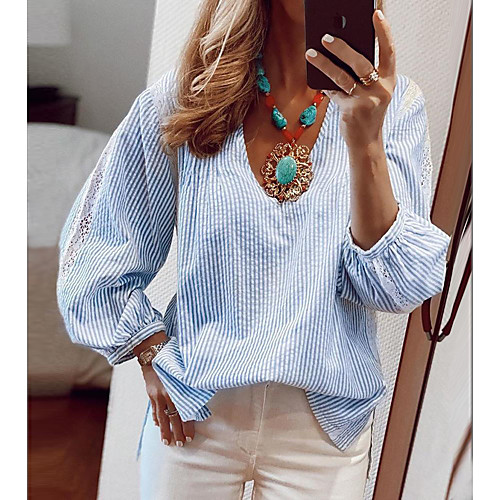 

Women's Striped Print Blouse Daily V Neck Shirt Collar Blue / Purple / Blushing Pink / Green