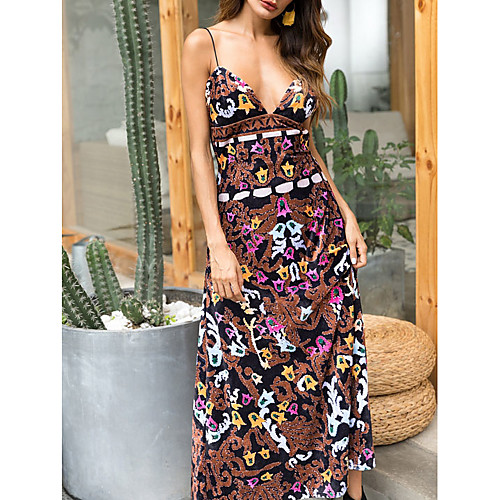 

Women's Maxi A Line Dress - Sleeveless Floral Summer Strap Elegant 2020 Brown M L XL XXL