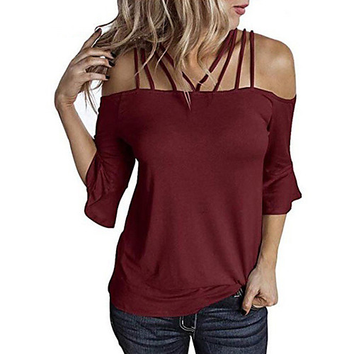 

Women's Solid Colored Cut Out Lace up Loose Blouse - Cotton Daily Off Shoulder Wine / White / Black / Blushing Pink / Green / Gray