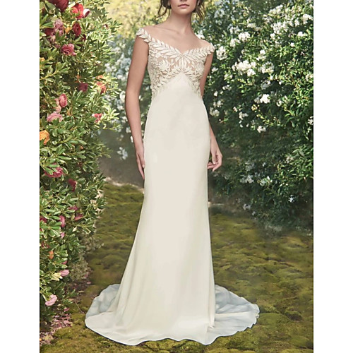 

Mermaid / Trumpet Wedding Dresses Off Shoulder Sweep / Brush Train Chiffon Lace Cap Sleeve Vintage Sexy Wedding Dress in Color See-Through Backless with Sashes / Ribbons Embroidery 2020