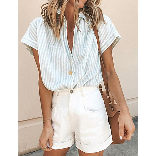 

Women's Tops Striped Shirt Shirt Collar Daily Summer Red Blushing Pink Gray Light Blue S M L XL 2XL