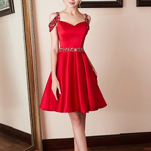 

A-Line Cut Out Red Party Wear Cocktail Party Dress Spaghetti Strap Sleeveless Knee Length Satin with Pleats Crystals 2020