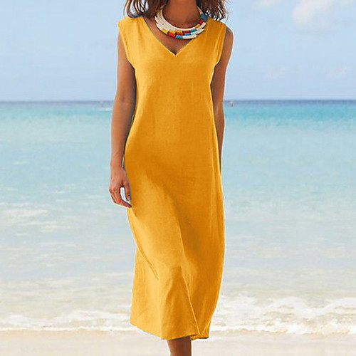 

Women's A Line Dress - Sleeveless Solid Color V Neck Black Yellow Army Green Navy Blue S M L XL XXL