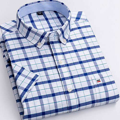 

Men's Plaid Print Shirt - Cotton Daily Button Down Collar Blue / Short Sleeve