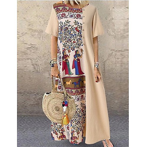 

Women's Swing Dress Maxi long Dress - Half Sleeve Geometric Patchwork Spring Fall Street chic Daily Linen Black Khaki S M L XL XXL XXXL XXXXL XXXXXL