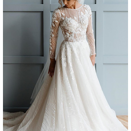 

A-Line Wedding Dresses Jewel Neck Sweep / Brush Train Lace Tulle Long Sleeve Country Sexy See-Through with Embroidery Appliques 2020