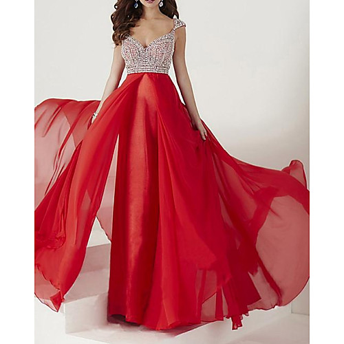 

A-Line Beautiful Back Sparkle Engagement Formal Evening Dress V Neck Sleeveless Floor Length Chiffon with Pleats Crystals 2020