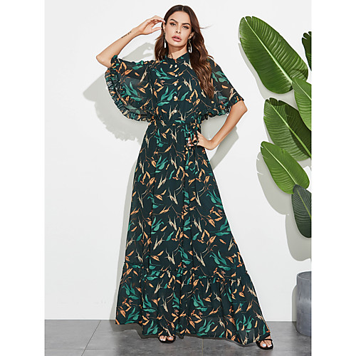 

Women's A-Line Dress Short Sleeves Floral Ruffle Patchwork Summer Elegant Boho Daily Going out Flare Cuff Sleeve 2020 Green M L XL XXL