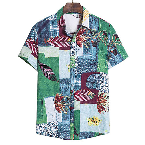 

Men's Floral Geometric Shirt - Cotton Vintage Street chic Holiday Weekend Green / Short Sleeve
