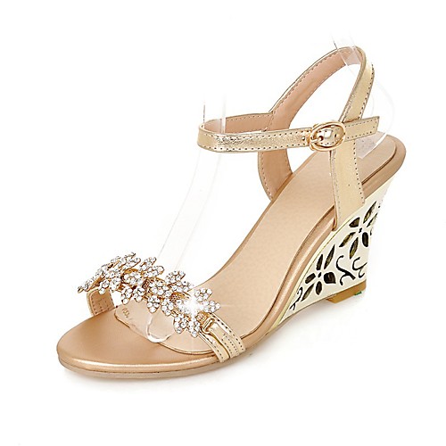 

Women's Sandals Wedge Sandals Fall / Spring & Summer Silver Plated Transparent Heel Open Toe Classic Chinoiserie Party & Evening Office & Career Rhinestone PU Gold / Silver