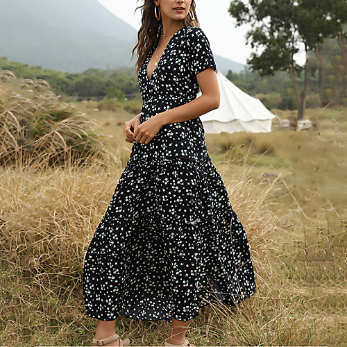 

Women's Maxi Swing Dress - Short Sleeve Floral Print Summer Deep V Vacation White Blue Green S M L XL