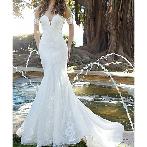 

Mermaid / Trumpet Wedding Dresses Off Shoulder Strapless Sweep / Brush Train Lace Tulle Short Sleeve Romantic with Embroidery 2020