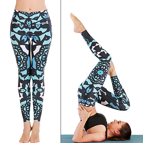 

Women's High Waist Yoga Pants Print Blue Running Fitness Gym Workout Tights Leggings Sport Activewear Quick Dry Butt Lift Tummy Control Stretchy Skinny
