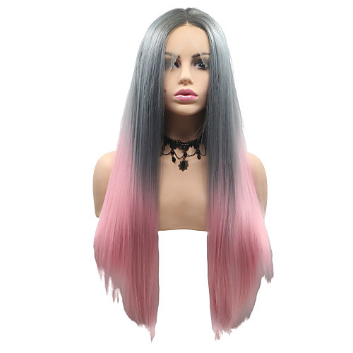 

Synthetic Lace Front Wig Straight Matte Layered Haircut Lace Front Wig Pink Medium Length Pink / Grey Synthetic Hair 22-26 inch Women's Party Women Pink Gray Sylvia