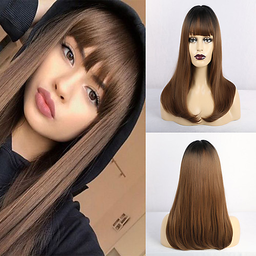 

Synthetic Wig Matte Natural Straight Middle Part Neat Bang Wig Long Brown Synthetic Hair 20 inch Women's Adorable Waterfall Brown