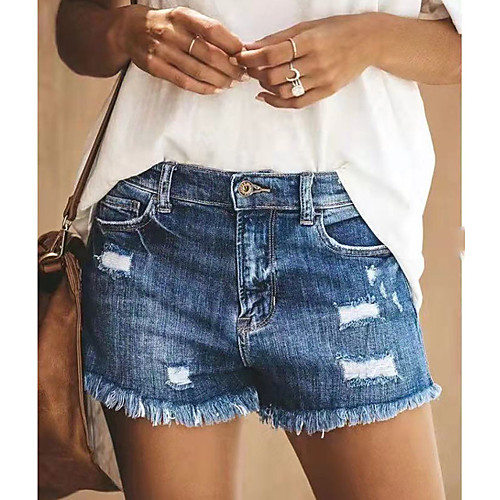 

Women's Basic Street chic Daily Going out Loose Shorts Pants - Solid Colored Hole Blue Light Blue S / M / L
