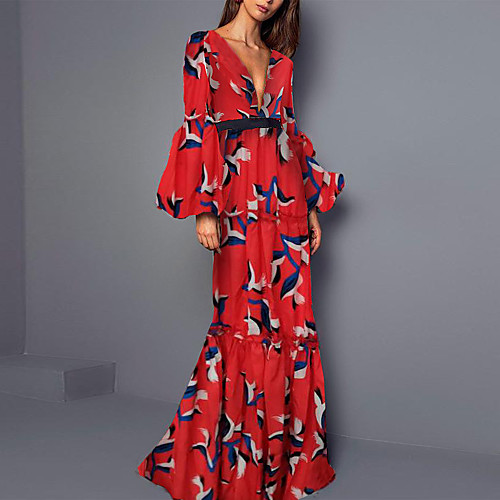 

Sheath / Column Bohemian Maxi Dress Wedding Guest Formal Evening Dress V Neck Long Sleeve Floor Length Spandex with Ruffles Pattern / Print 2021